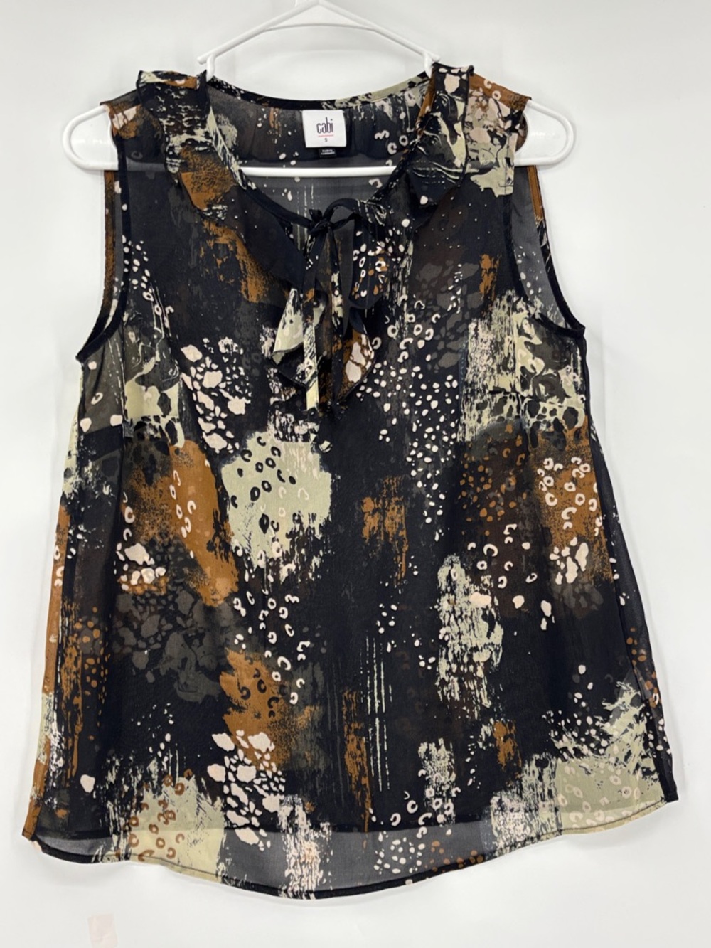 CAbi Black Multi-Print Ruffle Tie-Neck Sleeveless Top